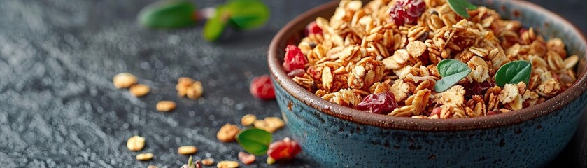 Fototapeta premium A detailed close-up of a serving of homemade granola with natural yogurt, focusing on the texture of the granola, set against a muted, stylish backdrop, extensive space for text.