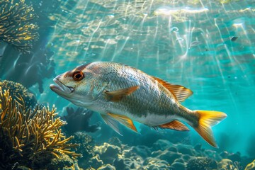 Naklejka premium Marine serenity. Snapper fish gliding through tranquil waters with coral