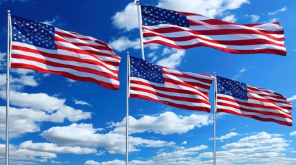 A row of American flags against the sky