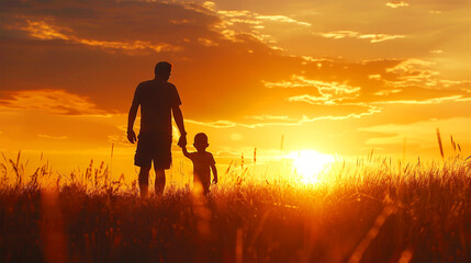 Fototapeta premium Father And Child Enjoying Their Time At Sunset Evening, Happy Father's Day