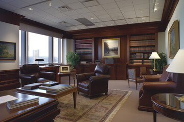 Law firm interior, lawyer or court judge desk. Classy furnished attorney office with leather chairs, bookshelfs, big desk and legal decorations. 