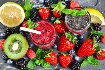 Fresh fruits and chia seeds in a vibrant arrangement, representing healthy and nutritious food options in a colorful setting.