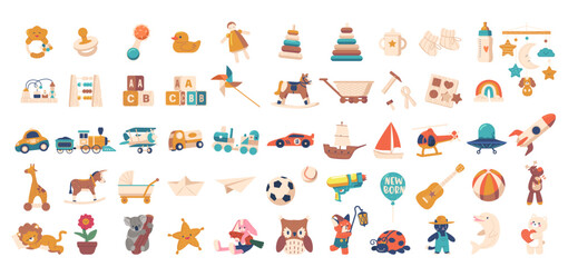 Collection Of Colorful Kids Toys And Playful Elements. Vector Plush Toys, Stacking Rings, Cars And Educational Items
