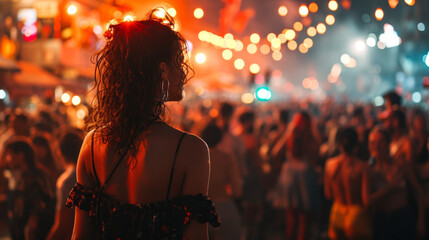Back view of a young woman dancing at a night music festival.