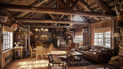 Rustic style hunting house with wooden furniture, furnishings, trophy on the wall. Interior. Generative AI