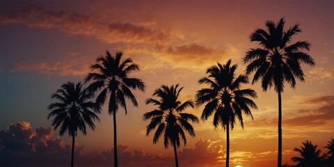 Tropical sunset vista with palm silhouettes and a gradient sky.