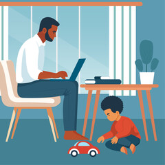 Indian father working from home and taking care of their child