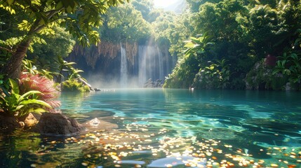 A photo of a hidden lagoon with crystal-clear water, a lush forest with vibrant flora and sunlight filtering through the tree
