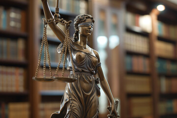 Fototapeta premium Themis statue with scales and sword on a desk in a Law Firm office. Creative copy space background for Court of Justice and lawyer, attorney or judge business related websites. 