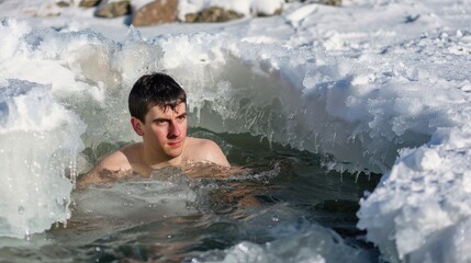 A man is taking a bath in freezing water during a sunny winter day in an opening cut into the ice
