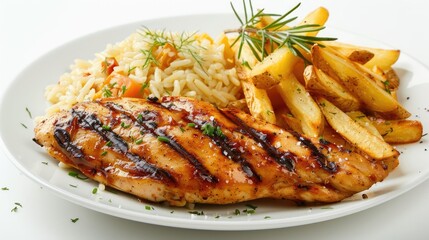 Grilled chicken with rice pilaf and french fries on a white background