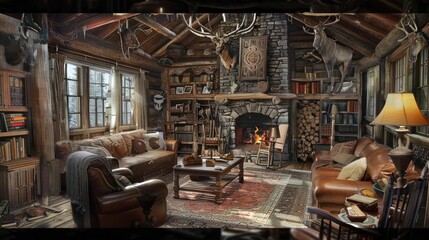 Obraz premium Rustic style hunting house with wooden furniture, furnishings, trophy on the wall. Interior. Generative AI