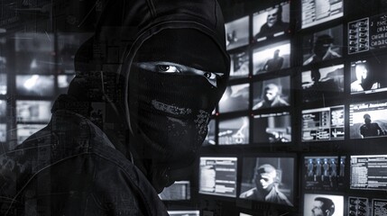 Cybercriminal in a balaclava mask working on multiple screens, highlighting the complexities and dangers of cyber attacks.
