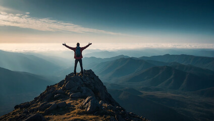 A lone person stands on top of a big mountain with hands towards the sky as to celebrate their achievement