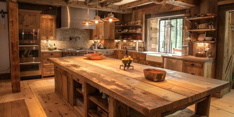 Rustic style kitchen with wooden furniture, shelves and cupboards, but with modern kitchen appliances and tools. Interior. Generative AI