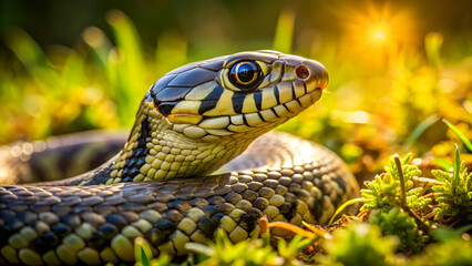 Fototapeta premium Grass Snake basking in the warm sunshine