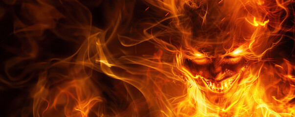 Fototapeta premium fiery demon in hell with an evil grin made of fire, glowing eyes and flames surrounding his face.