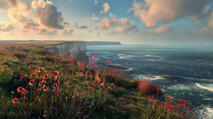 a windswept coastal plain, where wildflowers cling to the cliffs overlooking the sea