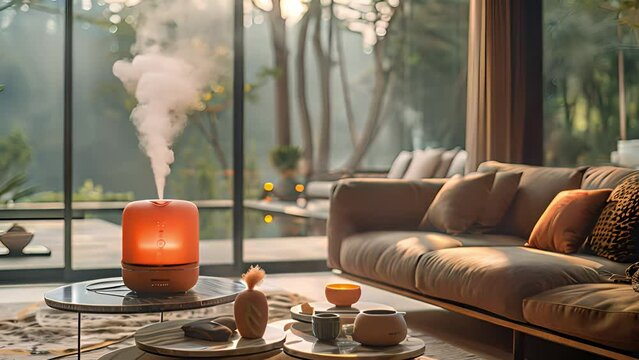 A cozy living room featuring an active aromatherapy diffuser on a coffee table, with a forest view through large glass doors during sunrise.