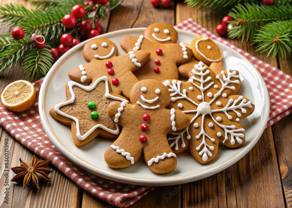 Wall mural festive gingerbread cookies on a plate with holiday decorations.