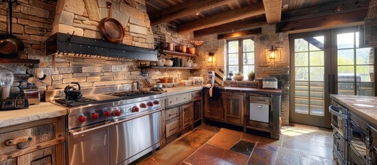 Obraz premium Rustic style kitchen with wooden furniture, shelves and cupboards, but with modern kitchen appliances and tools. Interior. Generative AI