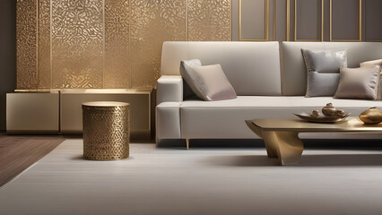 modern living room interior, gold and ivory interior design, ai generated