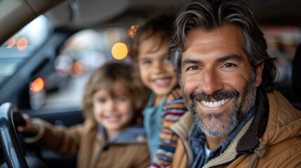 Fototapeta premium Happy father and two children smiling in a car, enjoying family time together. Dad sitting in the driver's seat with kids in the back.