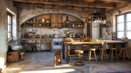 Naklejka premium Rustic style kitchen with wooden furniture, shelves and cupboards, but with modern kitchen appliances and tools. Interior. Generative AI