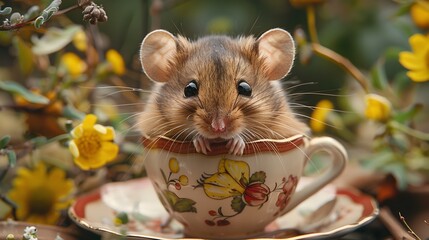 Whimsical Kitchen Adventure A Curious Mouse Peeking from a Vivid Teacup
