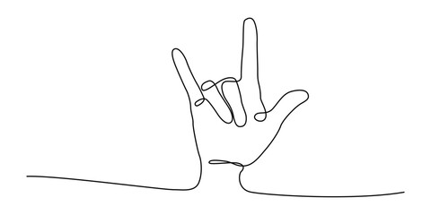 hand upward raised i love you sign gesture drawing one continuous line. free hand drawn outline line art minimalism style. editable stroke.