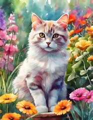 Cat in Flower Garden