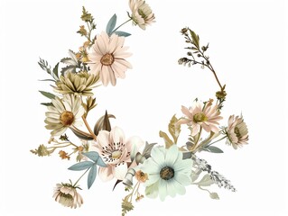 An illustration of a wreath of flowers in a circle. The flowers are mostly white, pink, and yellow with green leaves. The wreath is on a white background.
