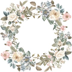 An elegant floral wreath with a variety of flowers in muted colors. Perfect for a wedding, shower, or any special occasion.