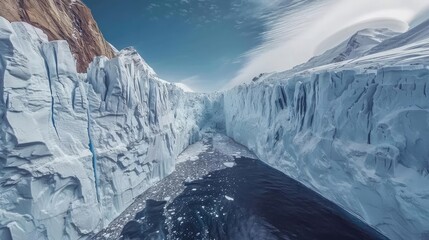 Majestic icy glacier landscape under a clear blue sky, showcasing towering cliffs of ice and serene water in remote polar region.