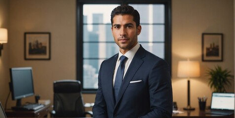 Fototapeta premium Confident Hispanic Businessman in Modern Office