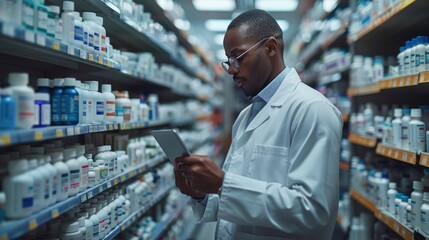 Fototapeta premium Pharmacist in white coat holding tablet, examining medication bottles on shelves in pharmacy, ensuring accurate prescriptions and inventory.