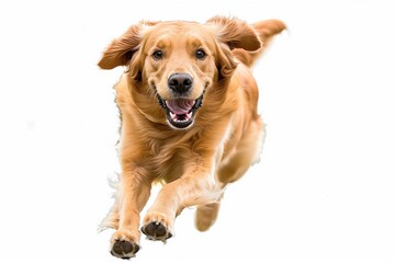 Obraz premium Golden retriever dog running and jumping happily isolated on a transparent background .