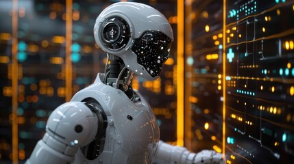 Futuristic robot analyzing data on a digital interface, showcasing advanced AI and technology in a server environment.