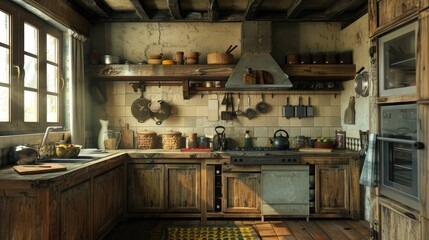Rustic style kitchen with wooden furniture, shelves and cupboards, but with modern kitchen appliances and tools. Interior. Generative AI