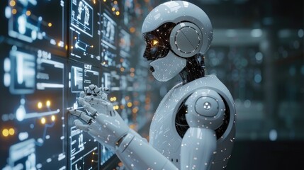 Fototapeta premium Futuristic robot using advanced technology in a high-tech environment, showcasing artificial intelligence and innovation.