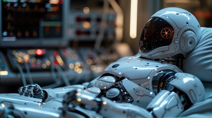 Fototapeta premium Futuristic robot lying on a bed in a high-tech laboratory, surrounded by advanced equipment and illuminated screens.