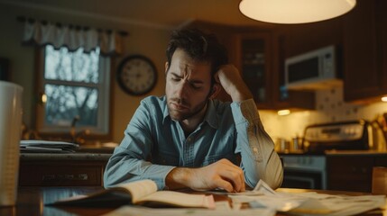 Debtor facing urgent financial deadline, home environment, clock and bills on the table, stressed expression