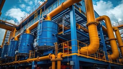 Industrial factory with bright blue tanks and orange pipes under a blue sky. Heavy machinery and engineering marvel in an urban setting.