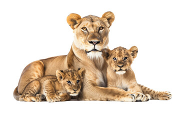 Obraz premium Female Lion With Two Cubs Resting Together Isolated