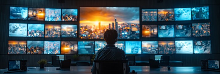 In a control room, a man monitors secure systems on multiple screens, ensuring digital protection and efficiency