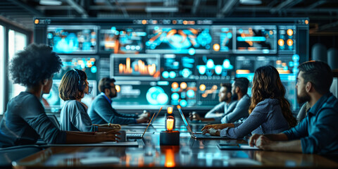 A professional team monitors data on multiple screens in a cybersecurity center, ensuring network security and information integrity