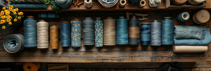 On a wooden table, colorful spools of thread will add a vintage touch to the tailor's workplace - Powered by Adobe