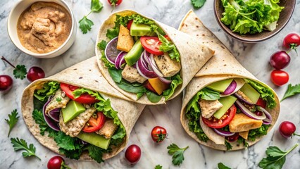 Fresh and vibrant vegetable wraps with a side of dip on a marble counter.
