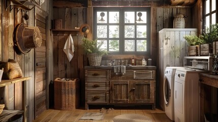 Rustic style laundry with wooden furniture, shelves and cabinets, but with modern laundry machines. Interior. Generative AI