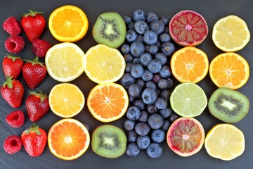 Assorted fresh fruits and citrus slices on a dark background, representing healthy and colorful food options in a vibrant setting.